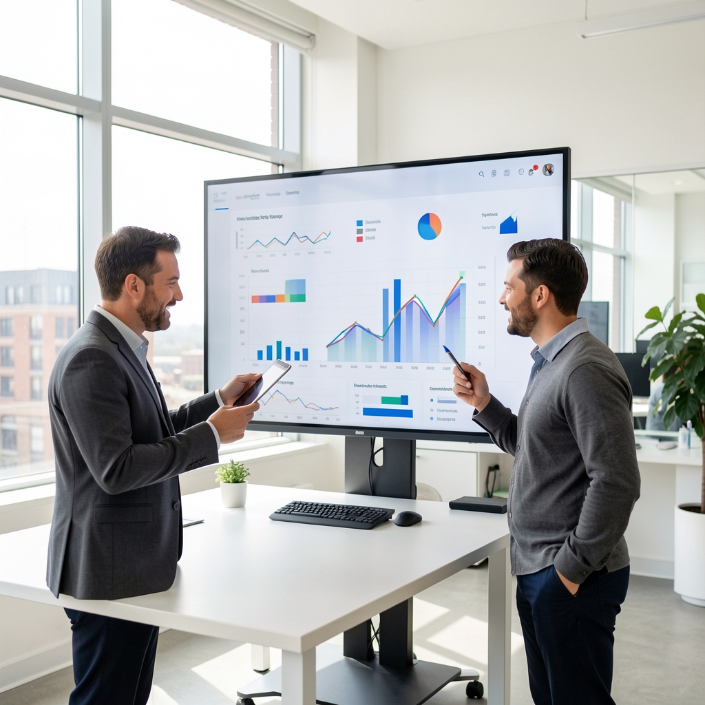 Two professionals reviewing analytics graphs on a large monitor in a bright workspace