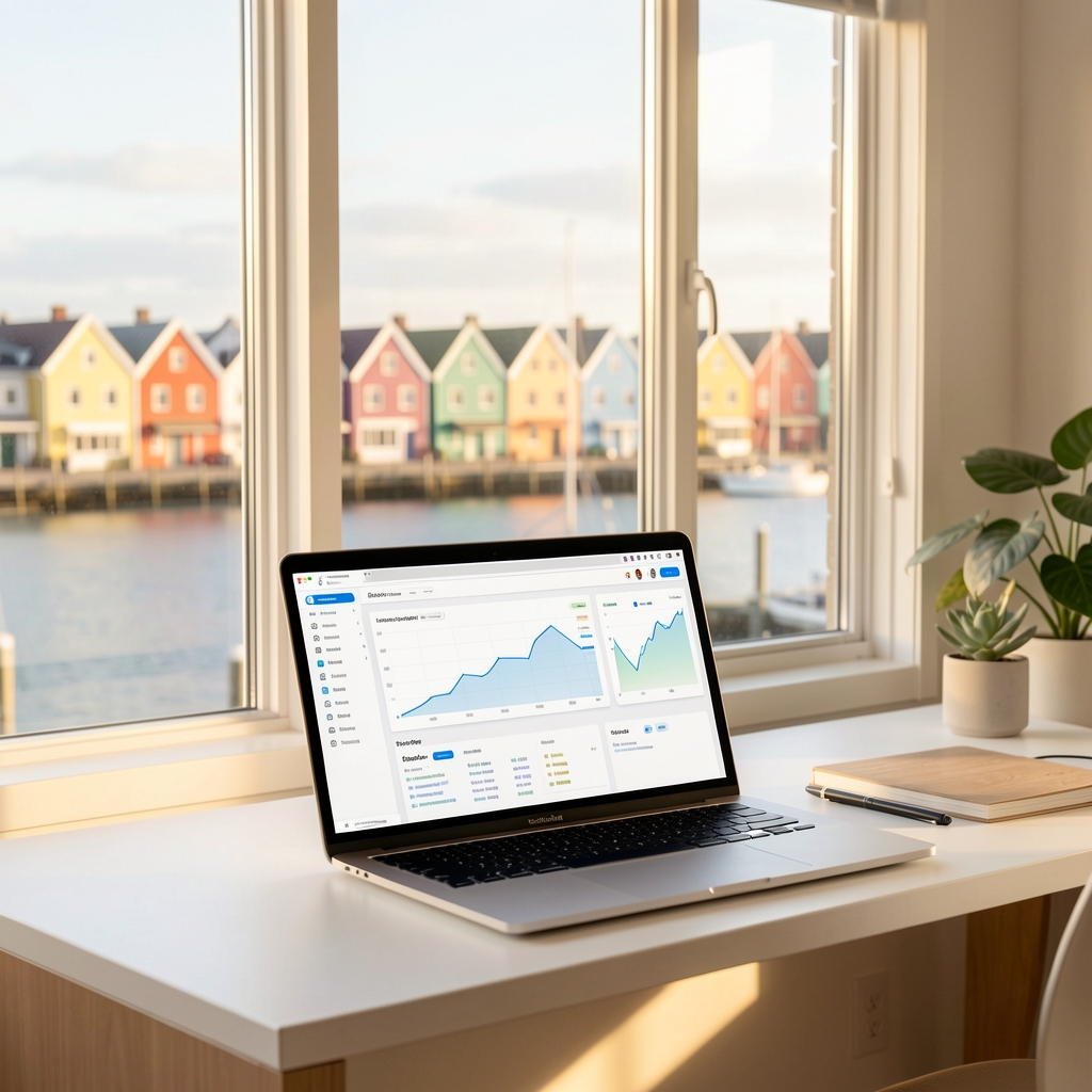 Laptop with a glowing content dashboard in a bright coastal St. John's office
